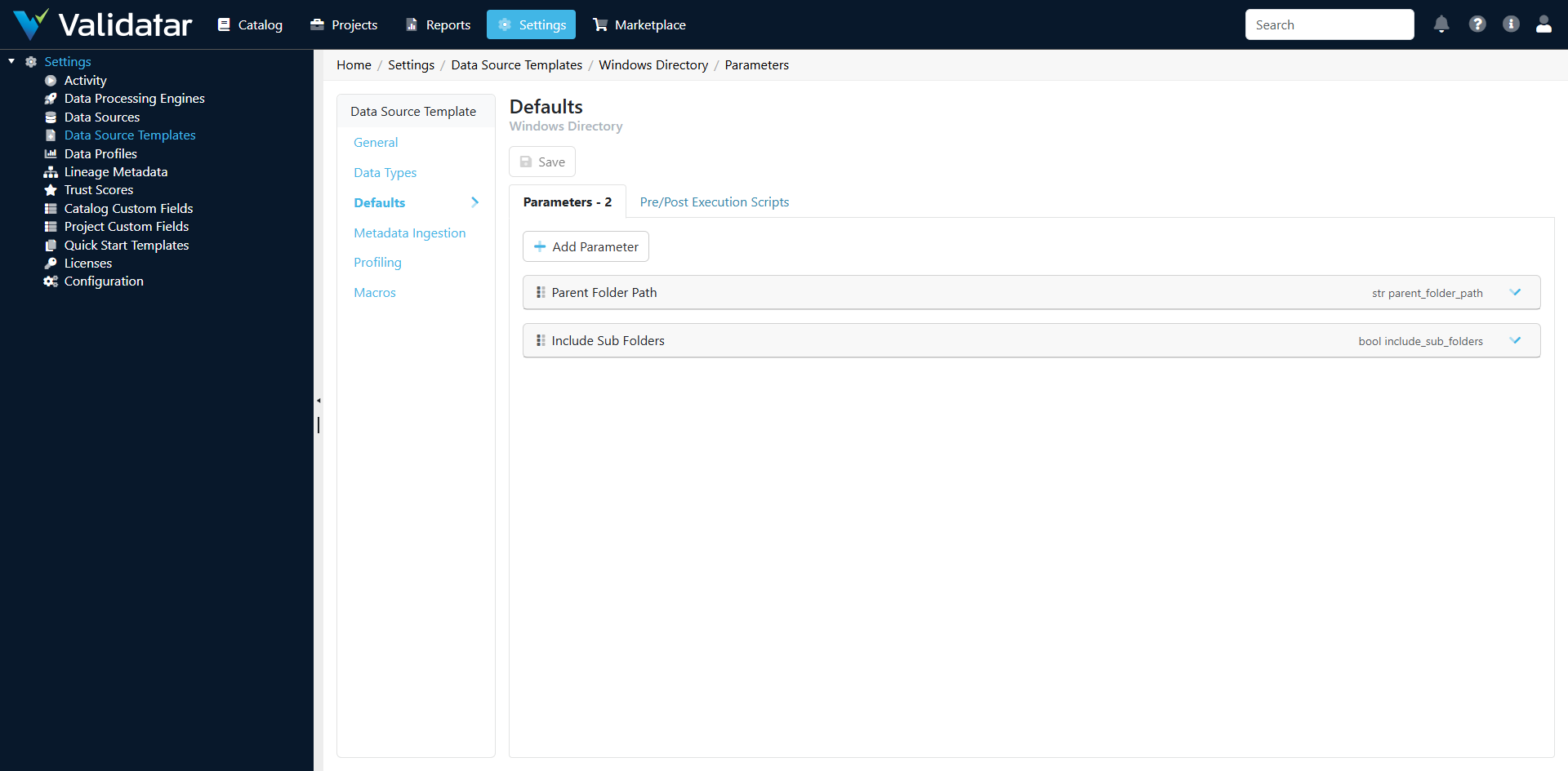 Defaults tab — Parameters sub-tab