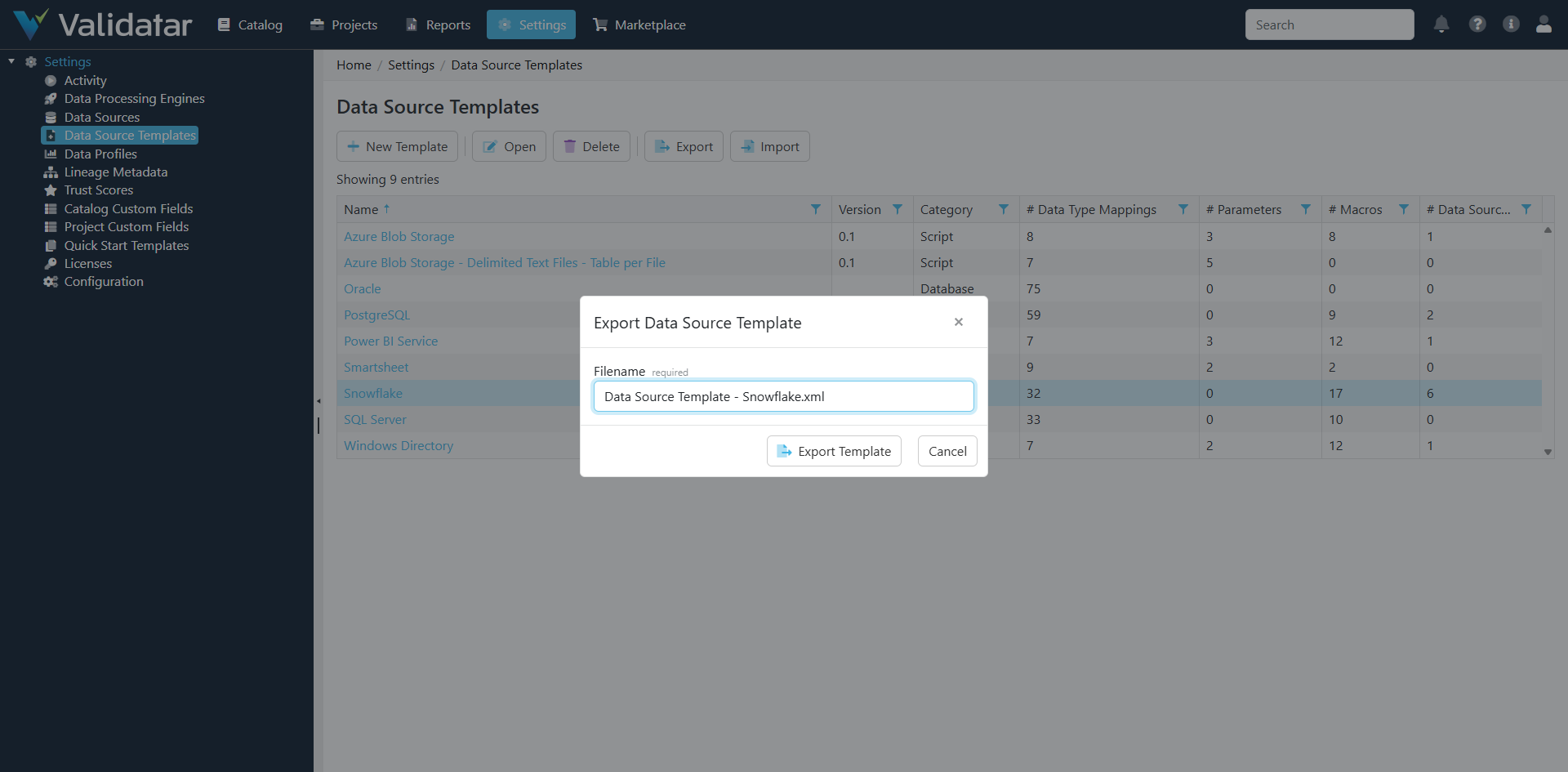 Export Data Source Template dialog