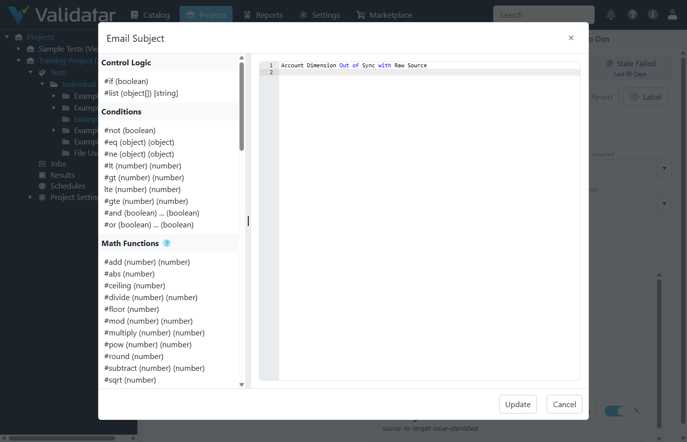 The template fields helper panel showing control logic, conditions, math functions, and string functions