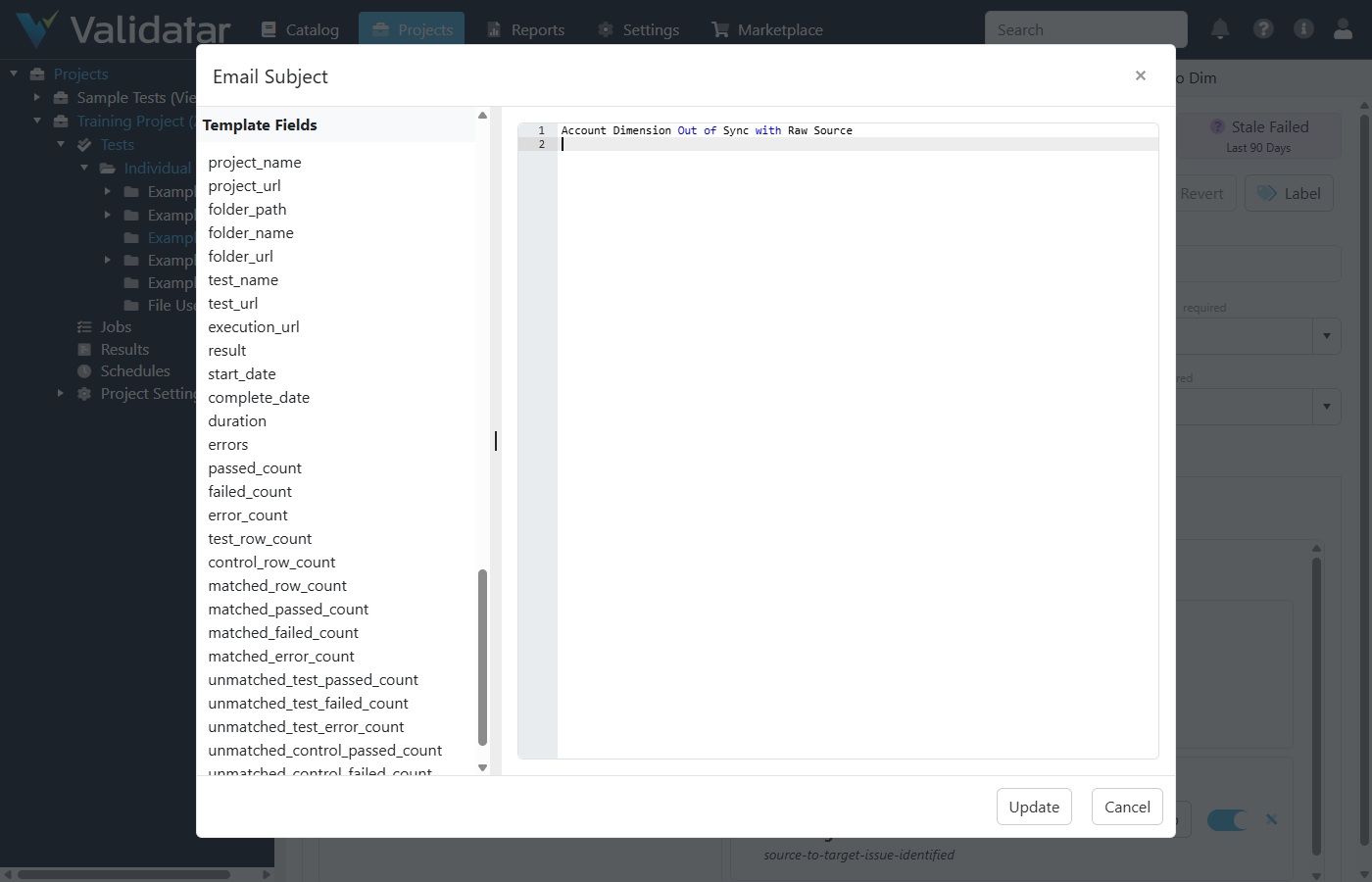 The template fields list showing all available dynamic placeholders