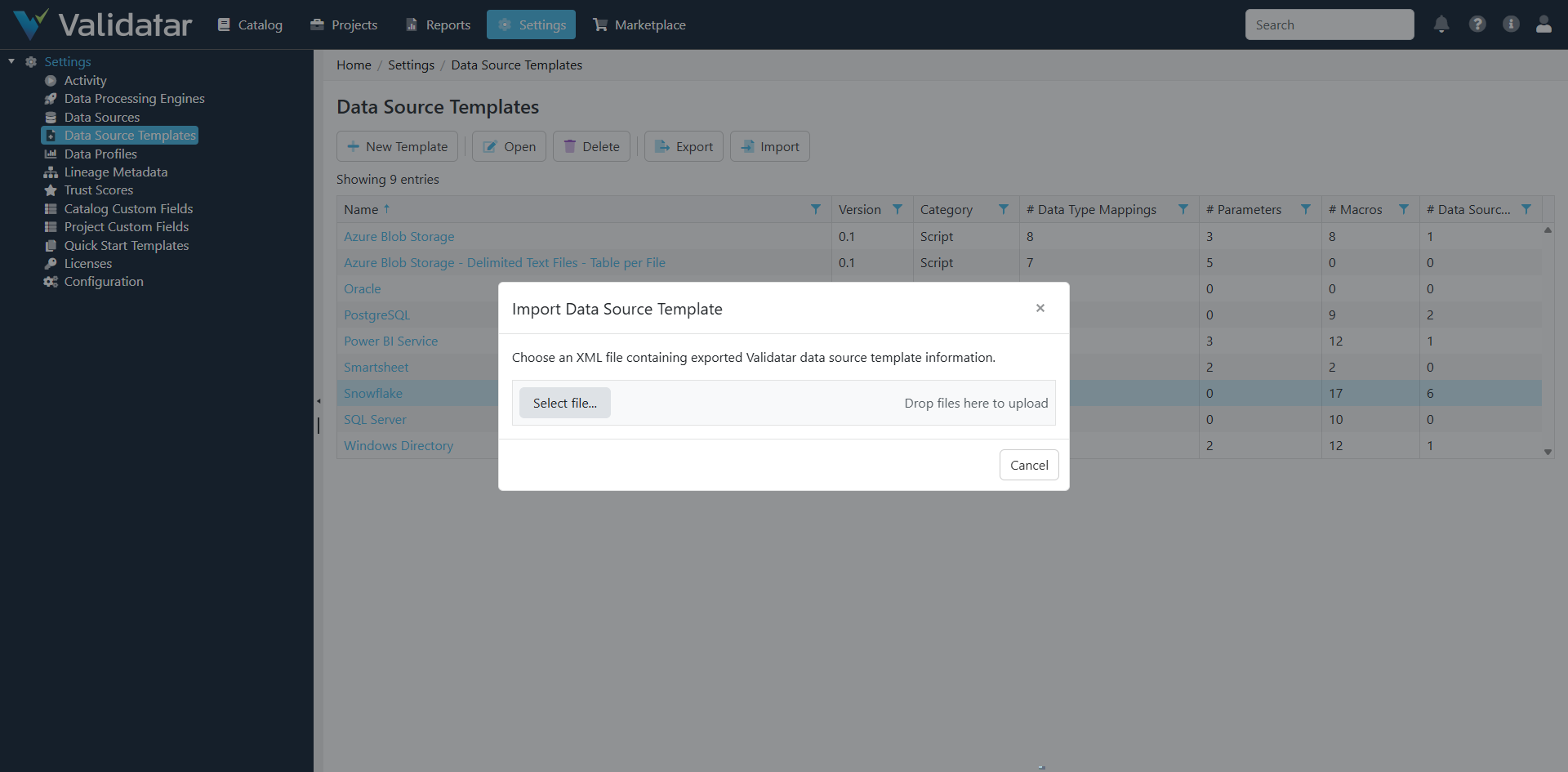 Import Data Source Template dialog