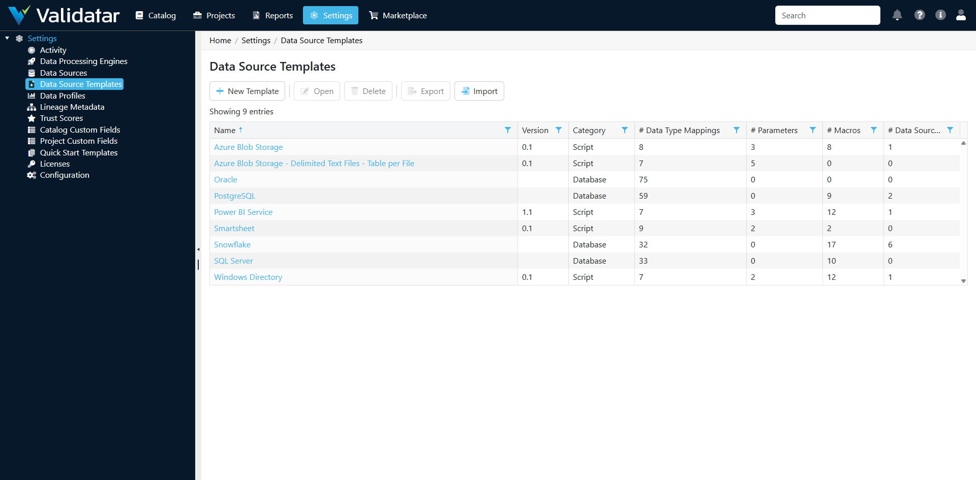 Data Source Templates list page