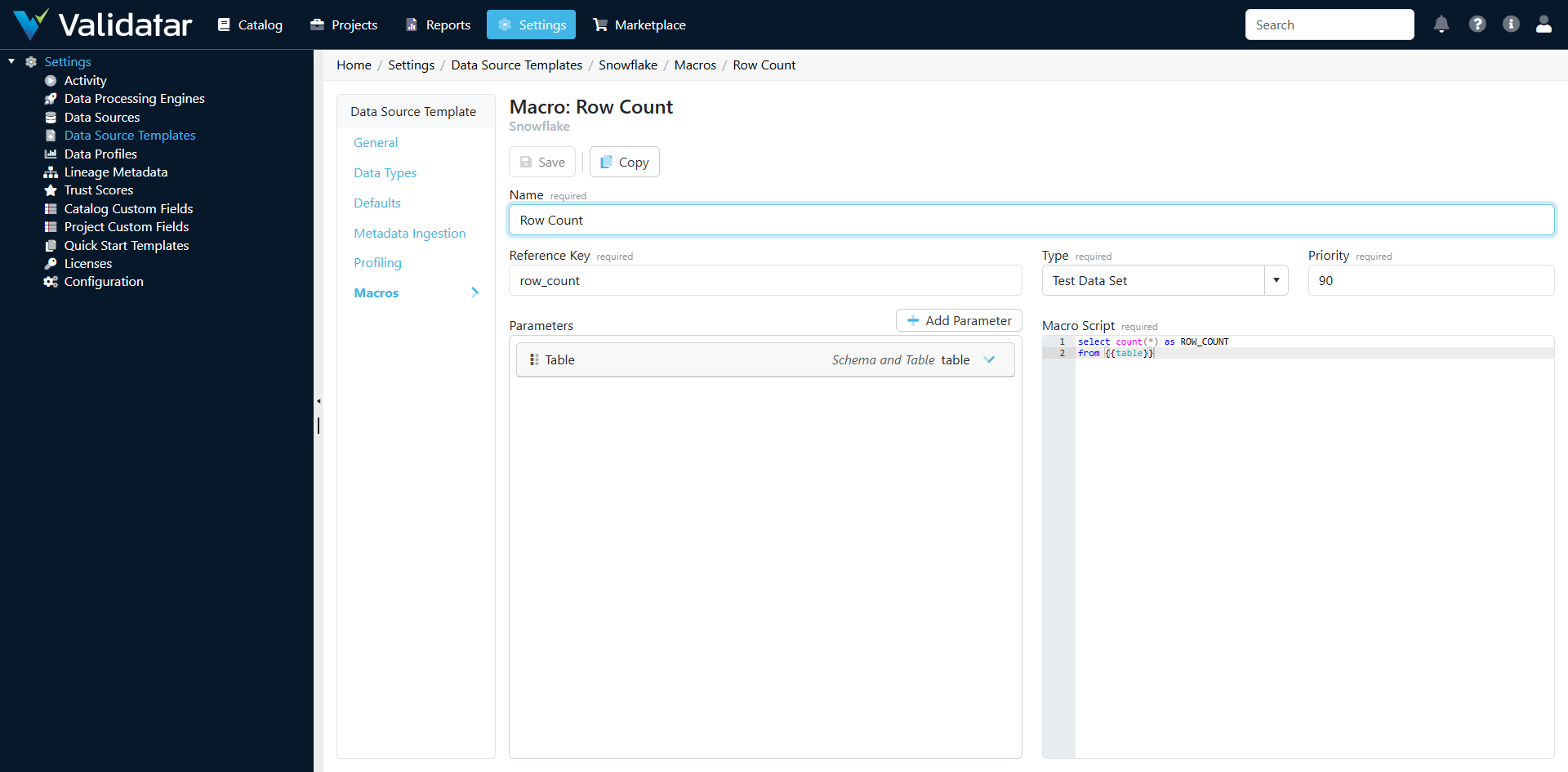Macro detail — Row Count macro with parameters and script