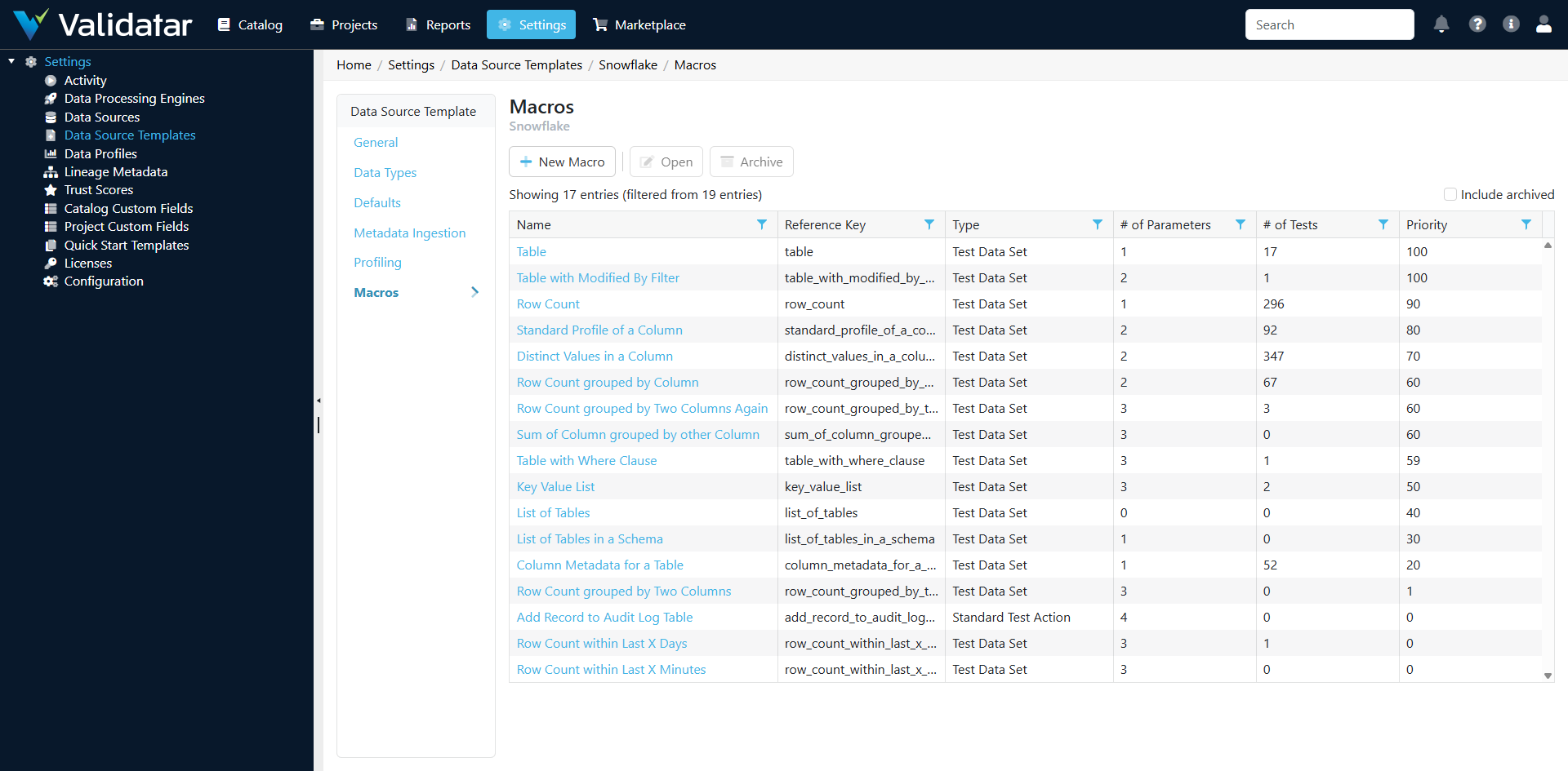 Macros tab — list of macros