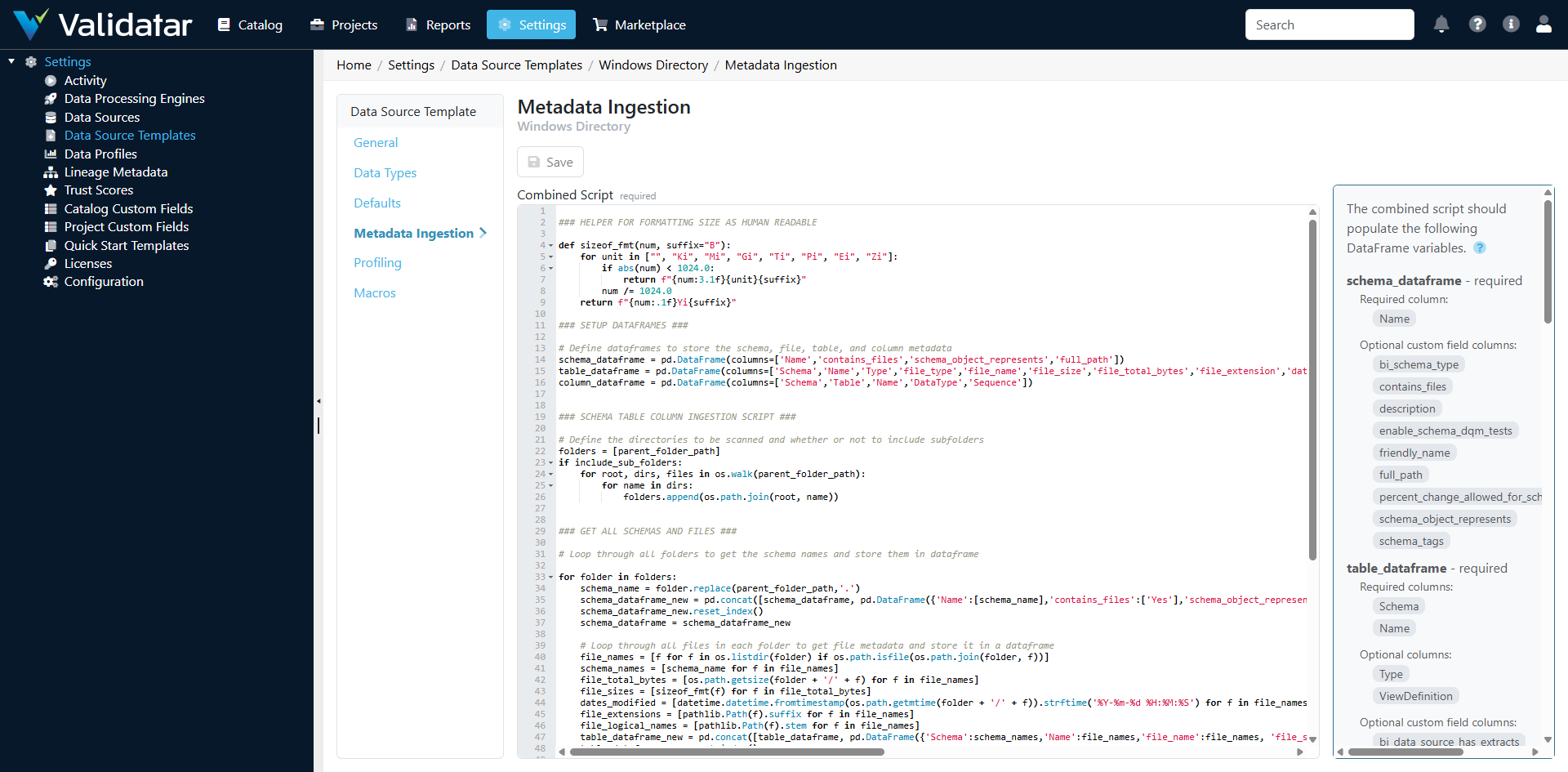 Metadata Ingestion tab — Python template