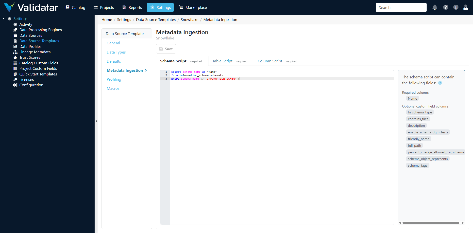 Metadata Ingestion tab — SQL template