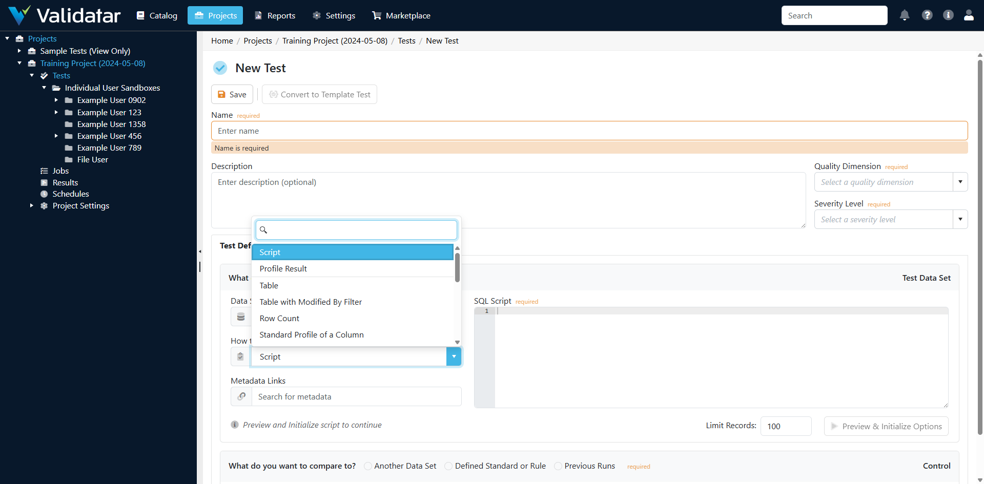 Test creation — macro selection in data set configuration