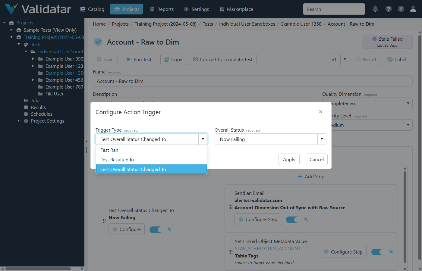 The Configure Action Trigger dialog showing the three trigger types