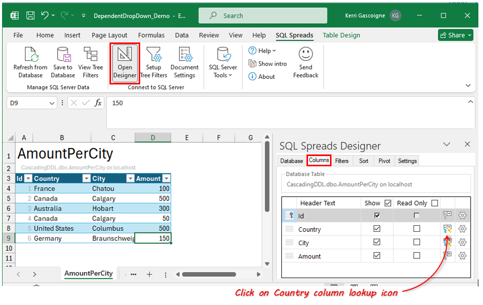 Click on Country column lookup icon