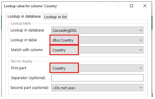 Country column lookup configuration dialog