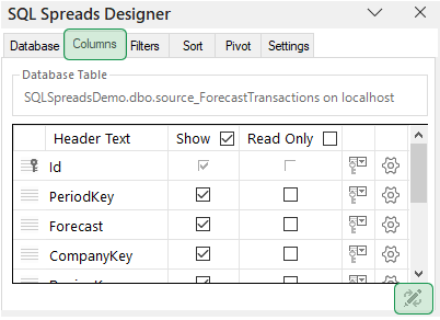 Dynamically set columns setting in the SQL Spreads Designer