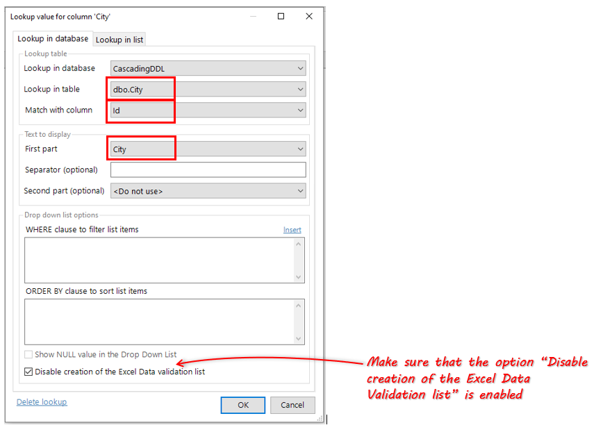 Enable the Disable creation of the Excel Data Validation list option in City lookup dialog