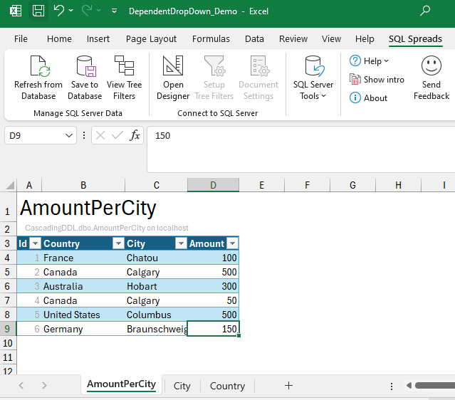 Import AmountPerCity and City and Country into separate tabs in Excel