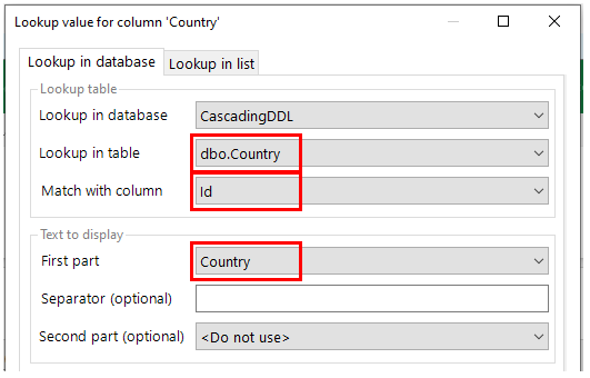 Lookup the Country ID and only display the Country text in the drop down