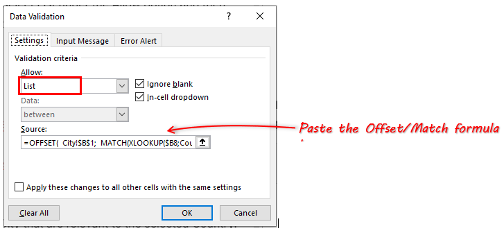 Paste offset match formula in the Data Validation dialog