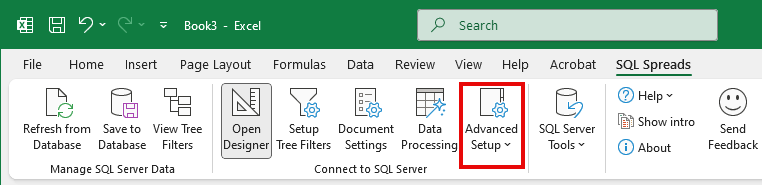 SQL Spreads Advanced Setup button enabled in the SQL Spreads ribbon