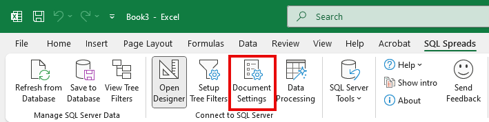 Click on Document Settings button in the SQL Spreads ribbon