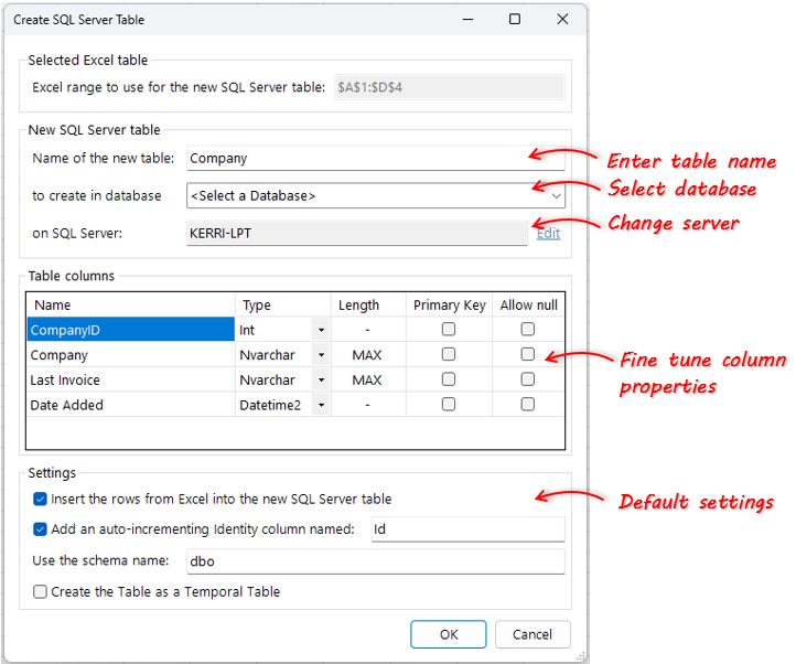 SQL Spreads 7.8.2 Create SQL Server tables from Excel