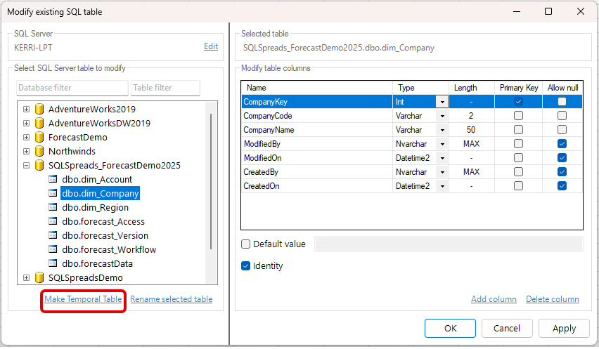 SQL Spreads 7.8.2 Make existing SQL Server table into Temporal Table