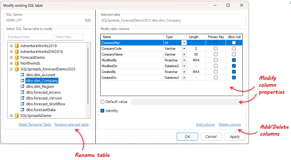 SQL Spreads 7.8.2 Modify existing SQL table from Excel