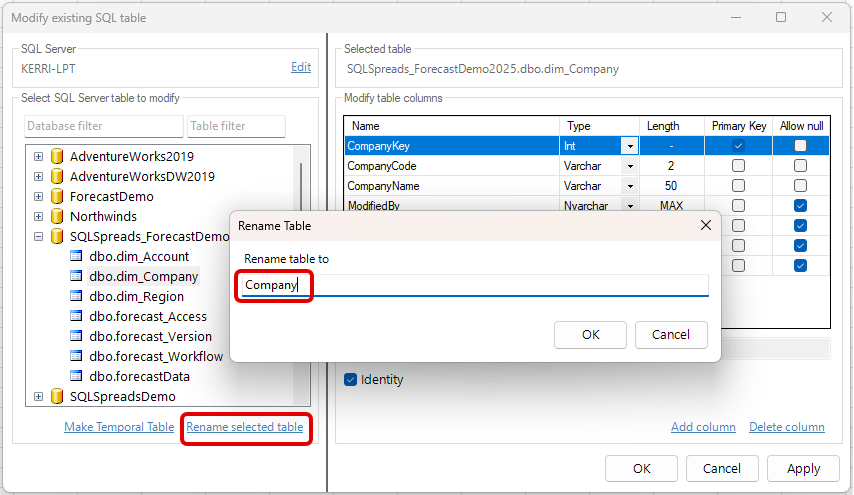 SQL Spreads 7.8.2 Rename existing SQL Server table