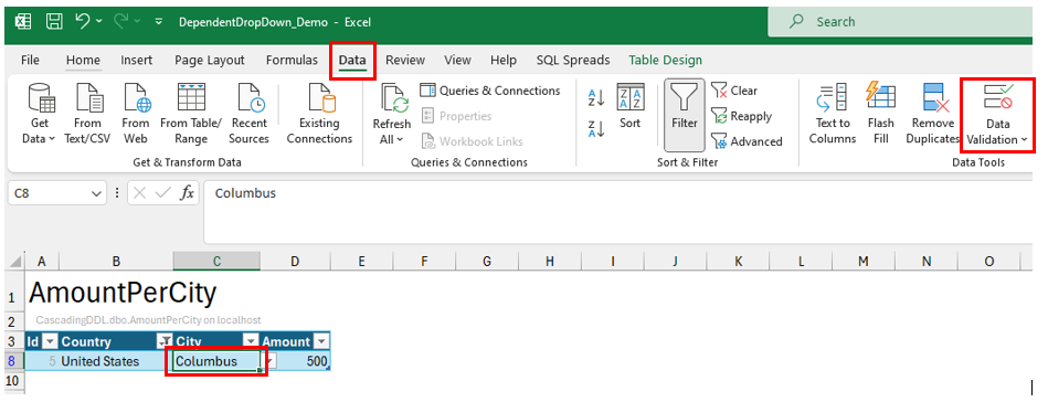 Select Data and Data Validation for the City lookup