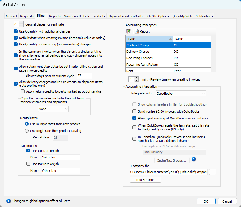 About the Global Options Dialog Billing Tab