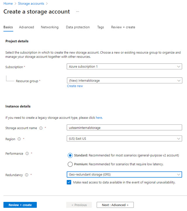 Azure Storage Account Settings
