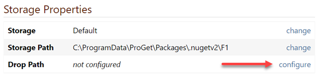 The storage properties page of a feed, pointing towards the configure button of the drop path line item