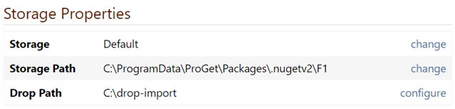 The storage properties page of a feed displaying the configured drop path folder in the drop path line item.