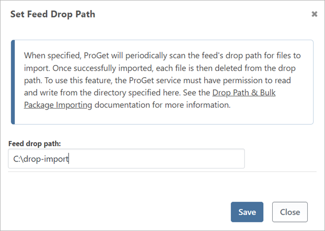 The "Set Drop Path" window in ProGet