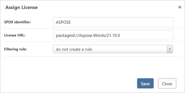 The "Assign License" window in ProGet with a custom license ID in the SPDX ID textbox.