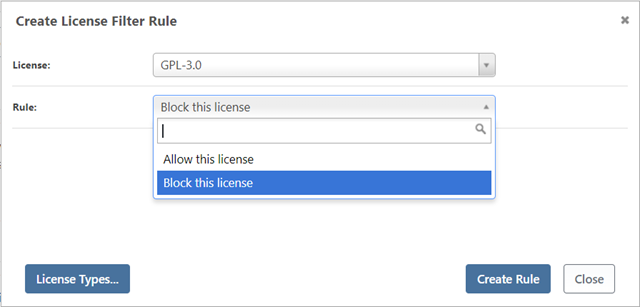 The "Create License Filter Rule" window in ProGet, showing SPDX ID GPL and a "block this license" option.