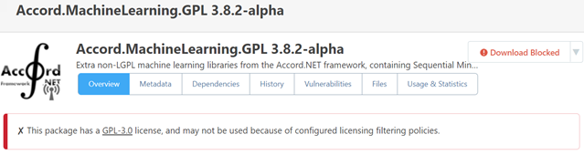 A ProGet package with a GPL license that is now blocked from being downloaded.