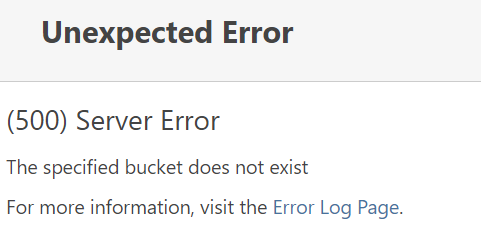 A ProGet page showing an unexpected error about the S3 bucket.