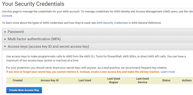 The AWS Security Credentials page displaying access key options.