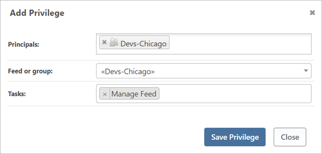 The "Add Privilege" window in ProGet displaying Devs Chicago being granted a 'manage feed' permission.