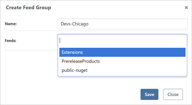 The "Create Feed Group" window displaying a group called 'Devs Chicago'