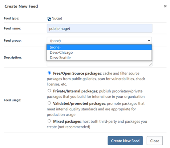 The "Create New Feed" window in ProGet with an administrator perspective.
