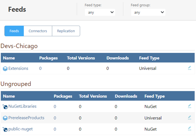 The ProGet feed page showing how a deleted feed group has moved the feeds of that group to "ungrouped"