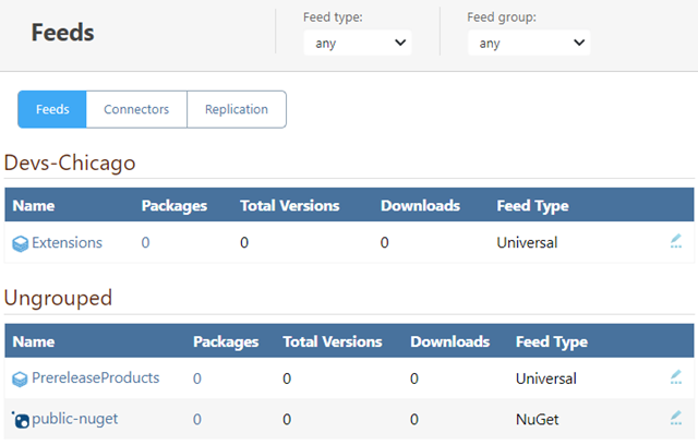 The ProGet feeds page displaying the Devs Chicago feed group has been separated into its own seciton.