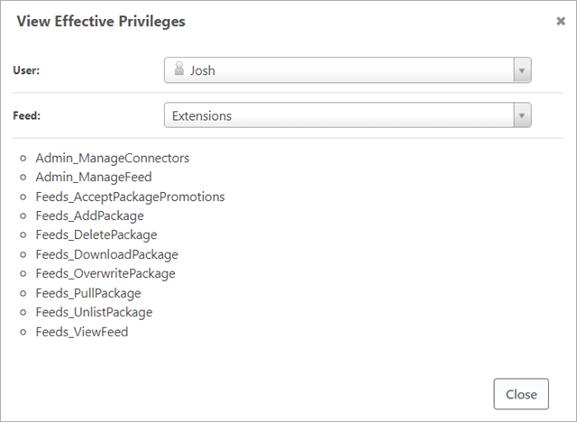 The test privileges window in ProGet displaying all permission a user in the Devs Chicago feed group has.