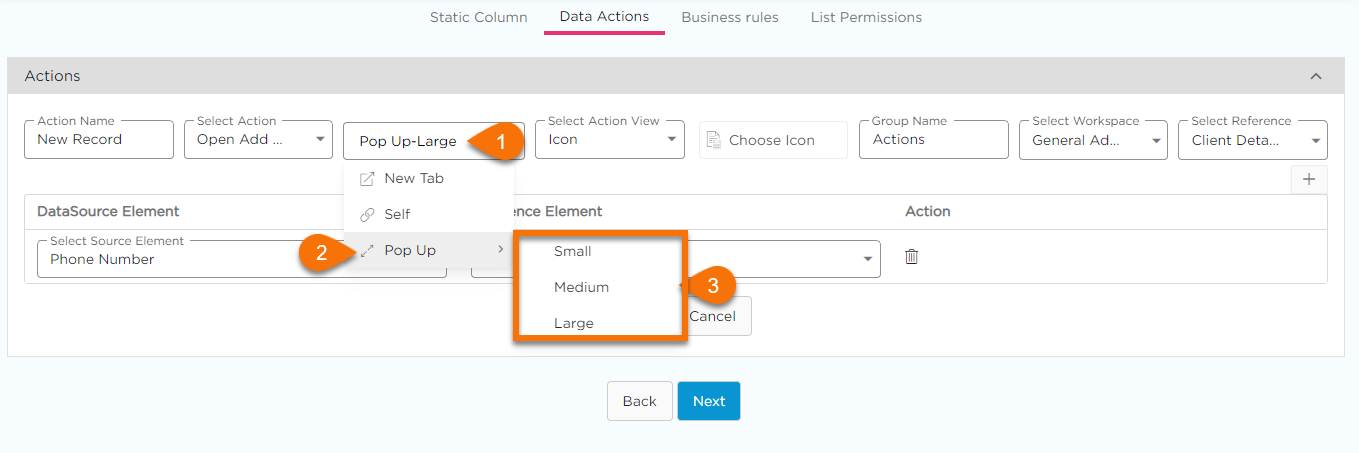 24 Data Actions Pop-up size