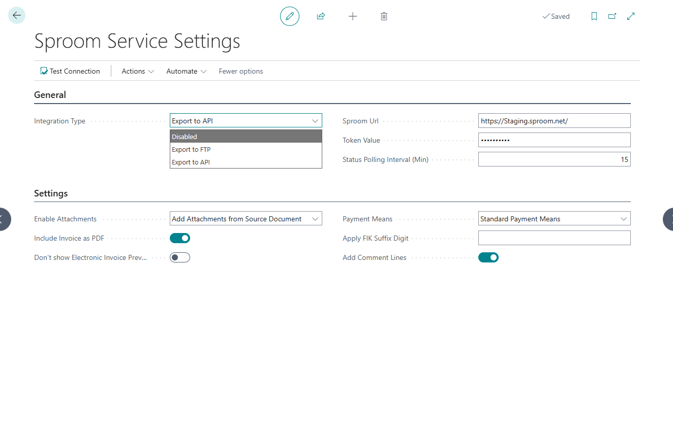 Sproom service settings interface showing integration options and attachment settings.