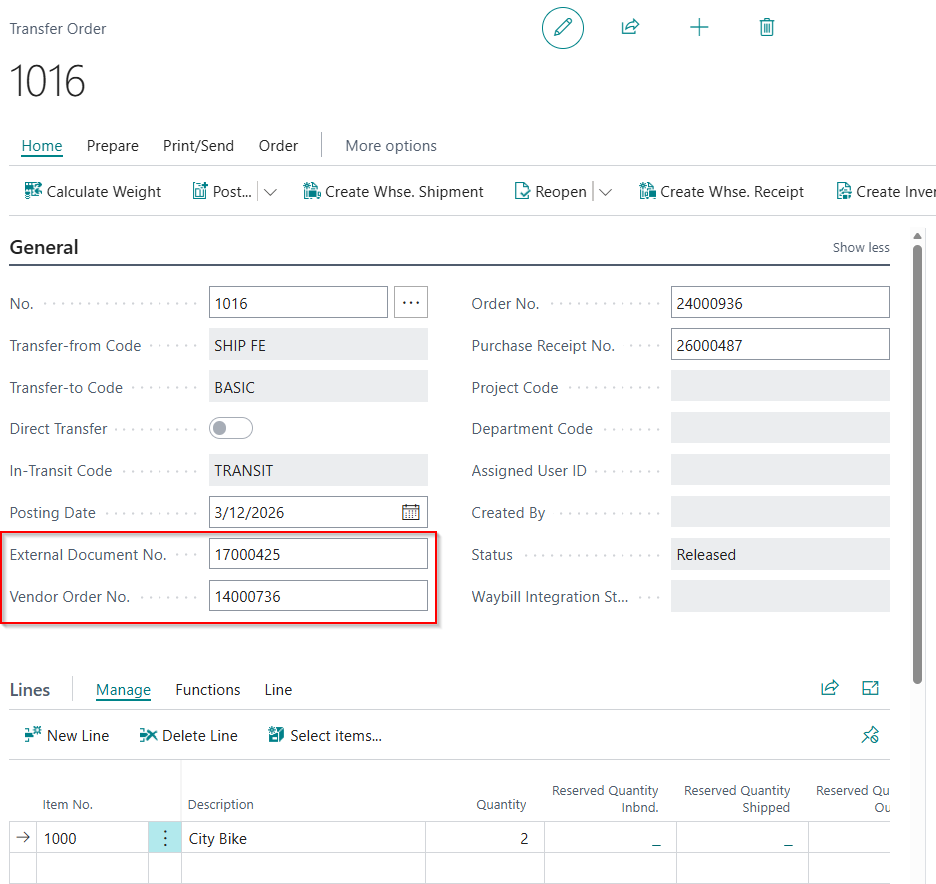 Transfer Order with IC document references highlighted
