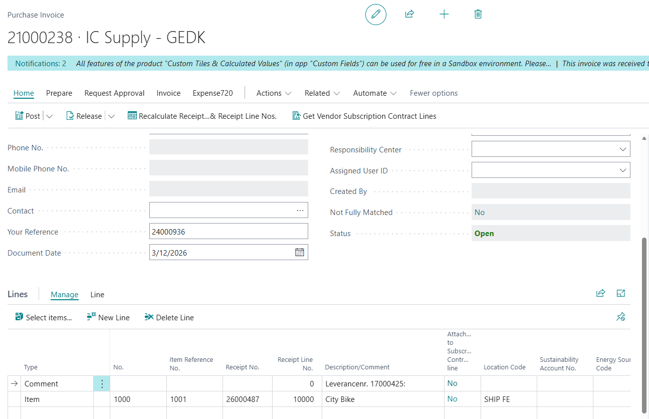 Purchase Invoice created in the buying company