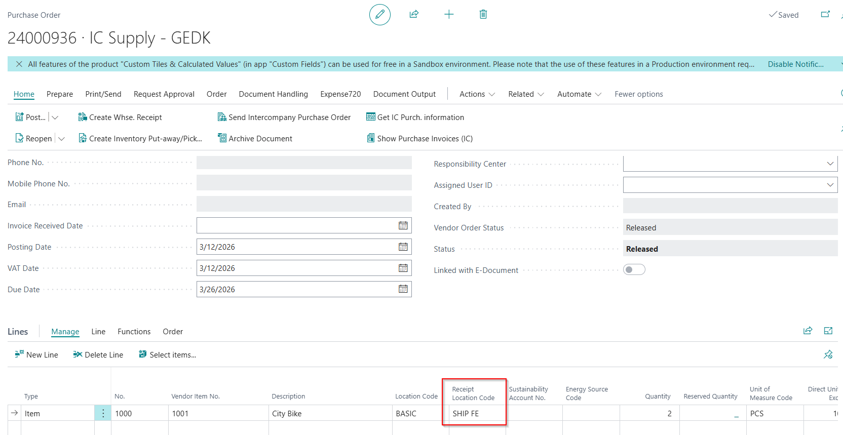 Purchase Order with Receipt Location Code = SHIP FE on the purchase line