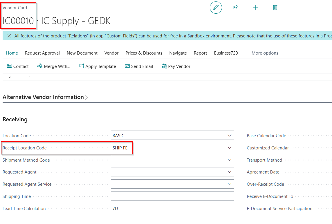 IC Vendor Card — Receipt Location Code set to SHIP FE
