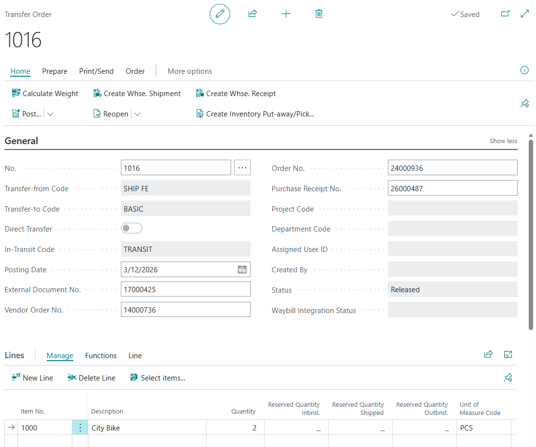 Transfer Order created automatically — SHIP FE → BASIC via TRANSIT