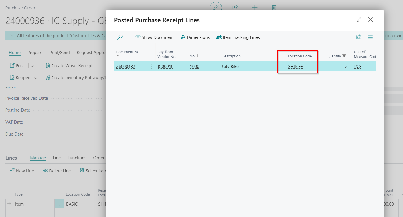 Posted Purchase Receipt Lines — Location Code = SHIP FE